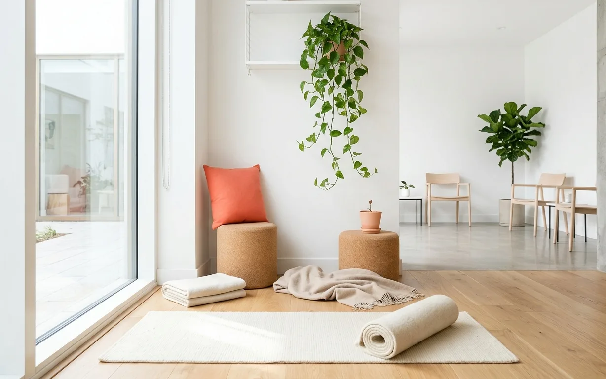 Espace bien-être avec tapis et lumière naturelle